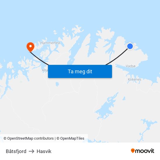 Båtsfjord to Hasvik map