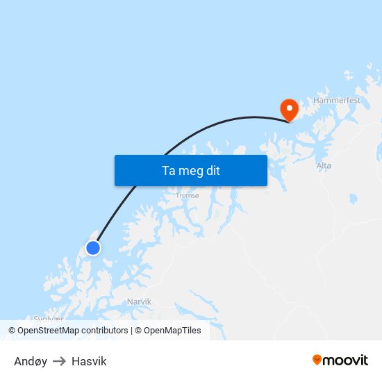 Andøy to Hasvik map