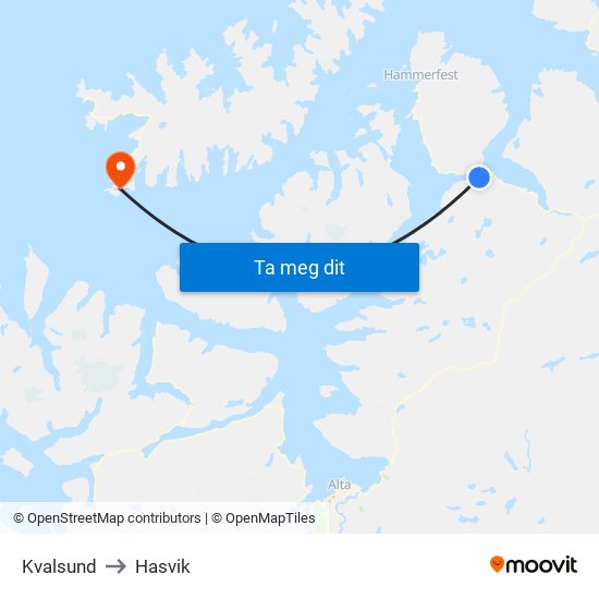 Kvalsund to Hasvik map