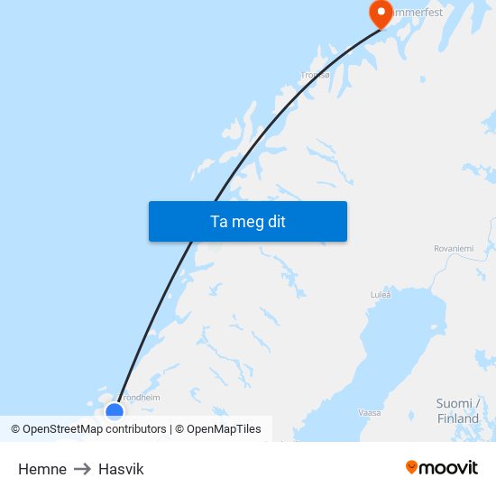 Hemne to Hasvik map