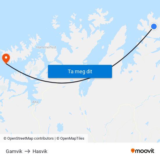 Gamvik to Hasvik map