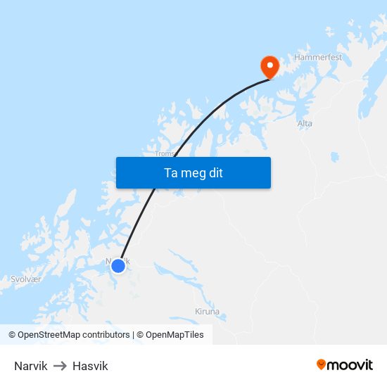 Narvik to Hasvik map