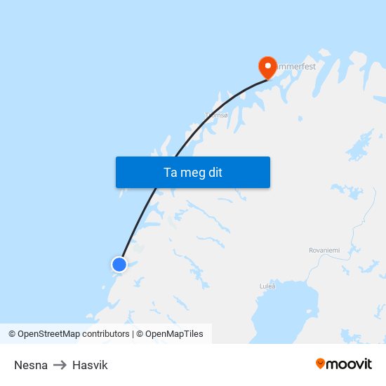 Nesna to Hasvik map