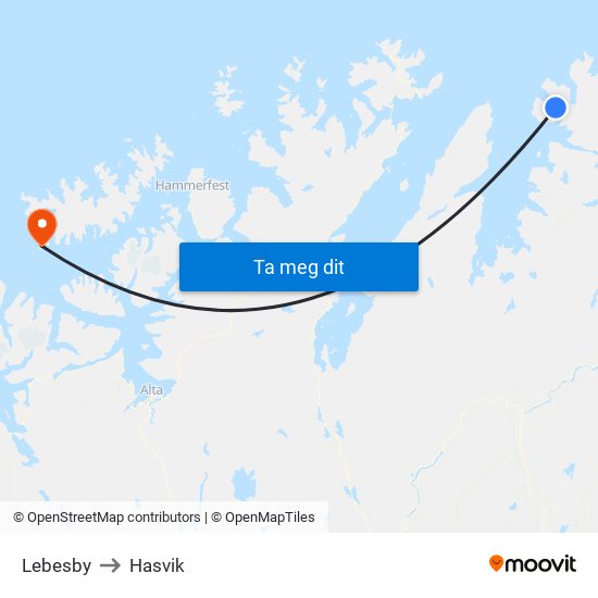 Lebesby to Hasvik map