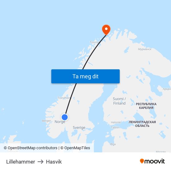 Lillehammer to Hasvik map
