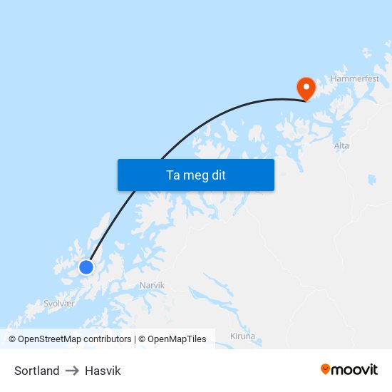 Sortland to Hasvik map