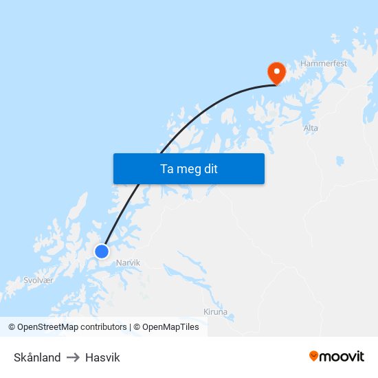 Skånland to Hasvik map