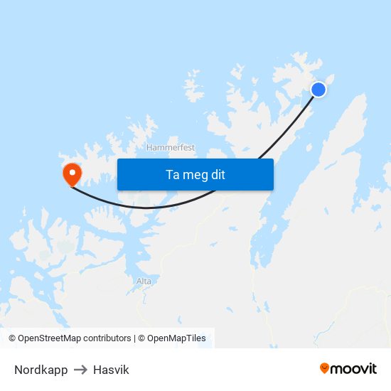 Nordkapp to Hasvik map