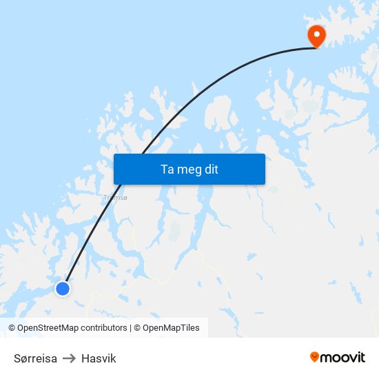 Sørreisa to Hasvik map