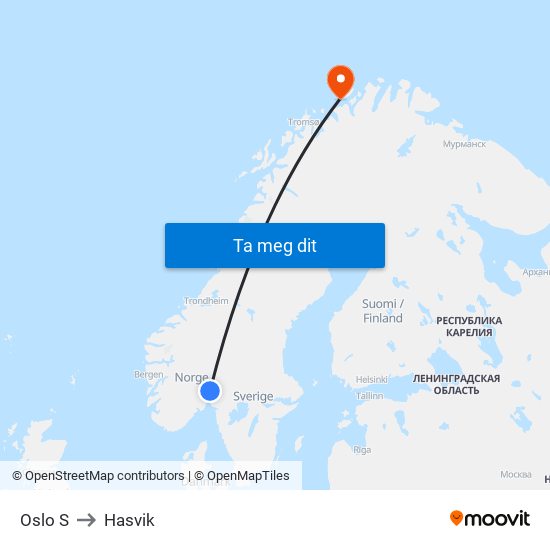 Oslo S to Hasvik map