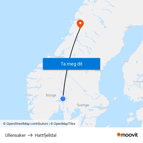 Ullensaker to Hattfjelldal map
