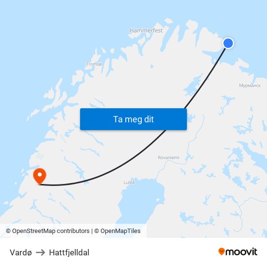 Vardø to Hattfjelldal map
