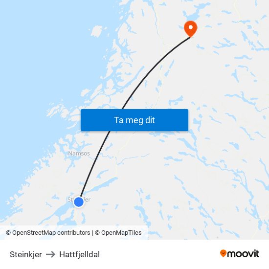 Steinkjer to Hattfjelldal map