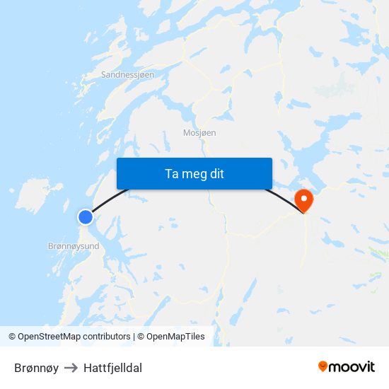Brønnøy to Hattfjelldal map