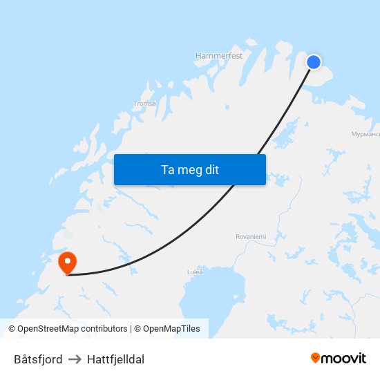 Båtsfjord to Hattfjelldal map