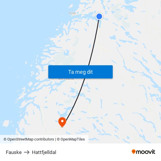 Fauske to Hattfjelldal map