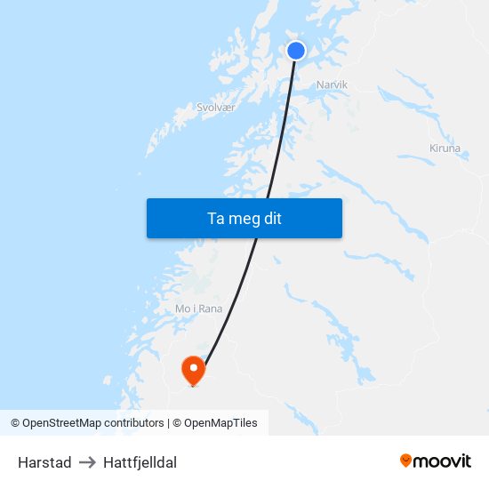 Harstad to Hattfjelldal map
