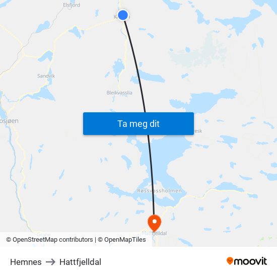 Hemnes to Hattfjelldal map