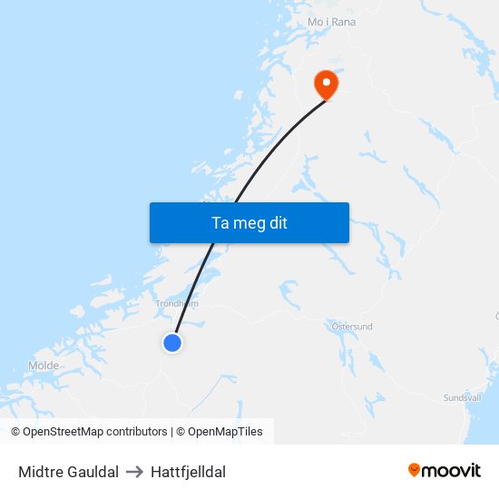 Midtre Gauldal to Hattfjelldal map