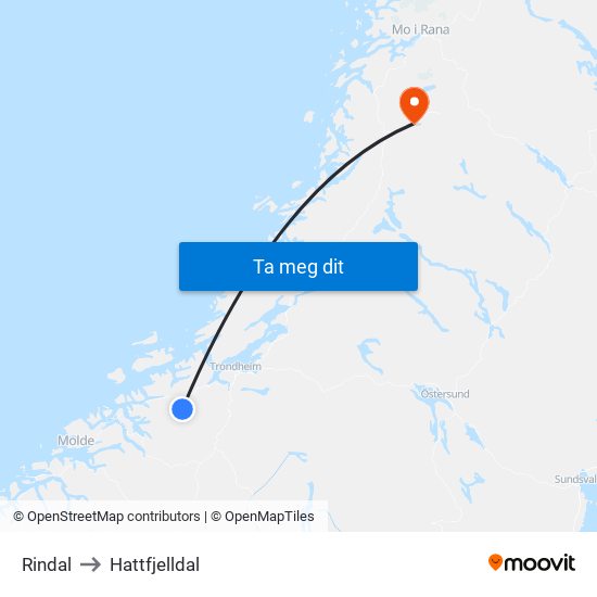 Rindal to Hattfjelldal map