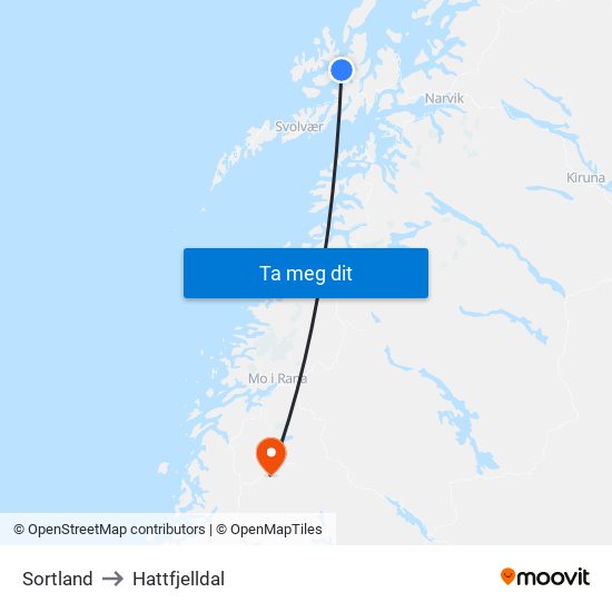 Sortland to Hattfjelldal map