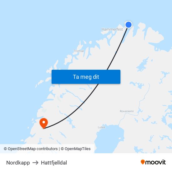Nordkapp to Hattfjelldal map