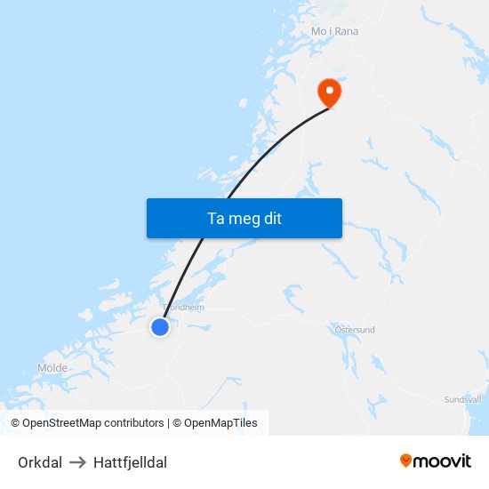 Orkdal to Hattfjelldal map