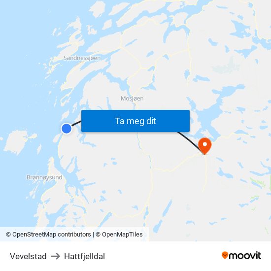 Vevelstad to Hattfjelldal map