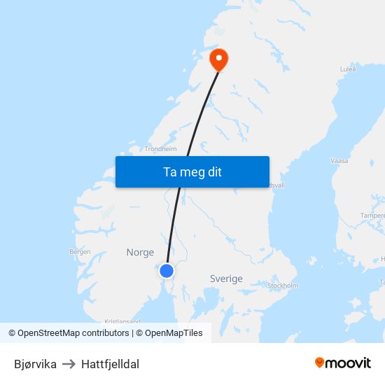 Bjørvika to Hattfjelldal map