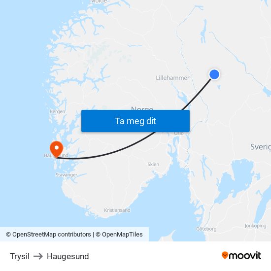 Trysil to Haugesund map