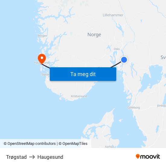 Trøgstad to Haugesund map