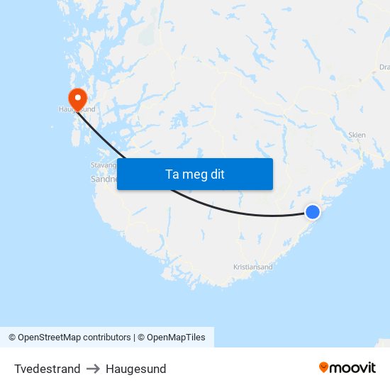 Tvedestrand to Haugesund map