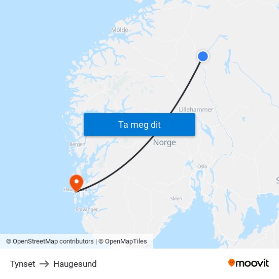 Tynset to Haugesund map