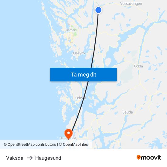 Vaksdal to Haugesund map