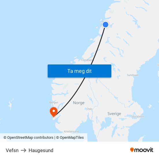 Vefsn to Haugesund map