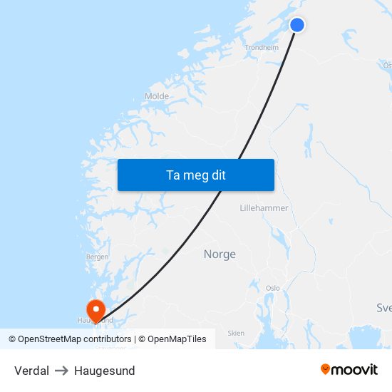 Verdal to Haugesund map