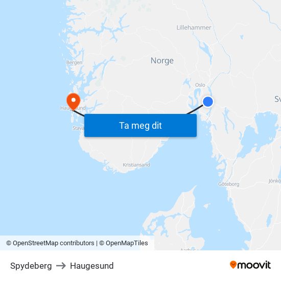 Spydeberg to Haugesund map