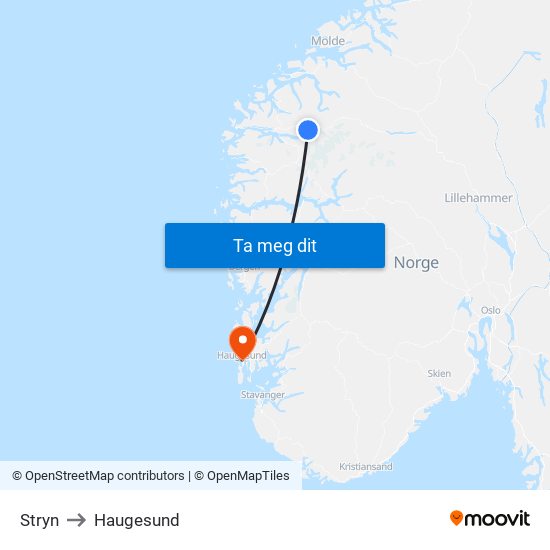 Stryn to Haugesund map