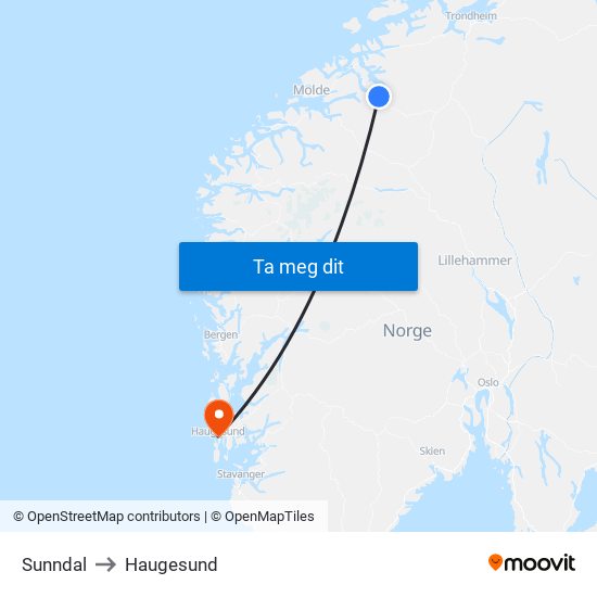 Sunndal to Haugesund map