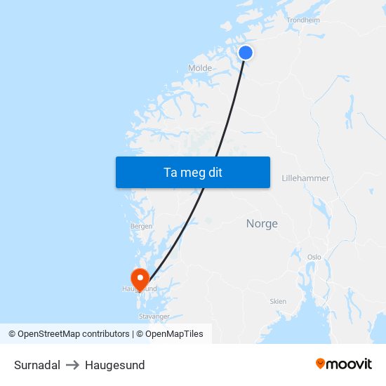 Surnadal to Haugesund map