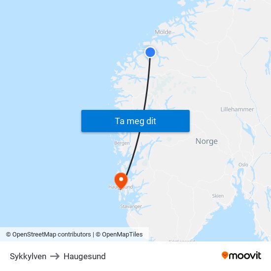 Sykkylven to Haugesund map