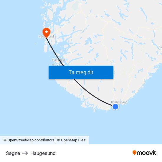Søgne to Haugesund map