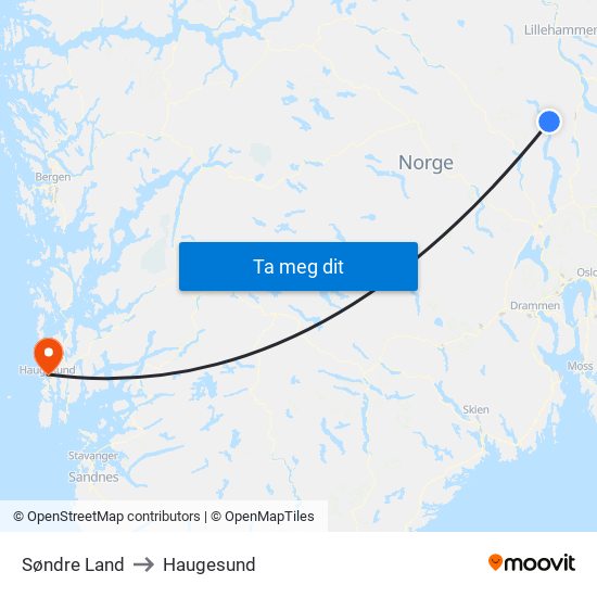 Søndre Land to Haugesund map