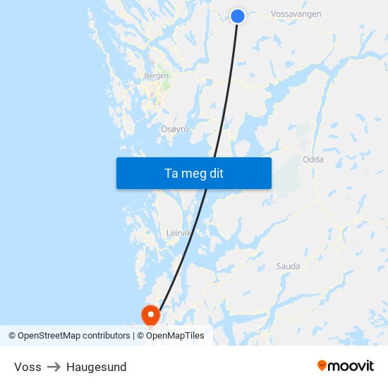 Voss to Haugesund map