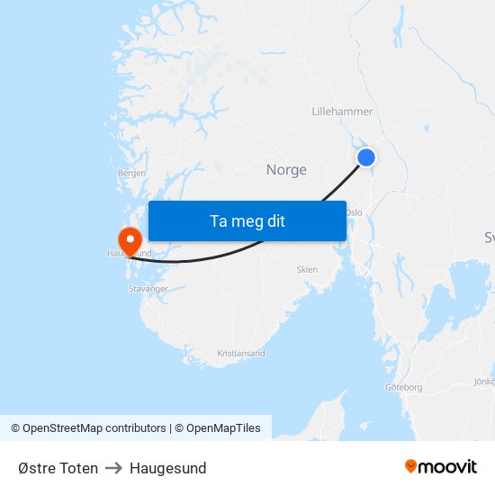 Østre Toten to Haugesund map