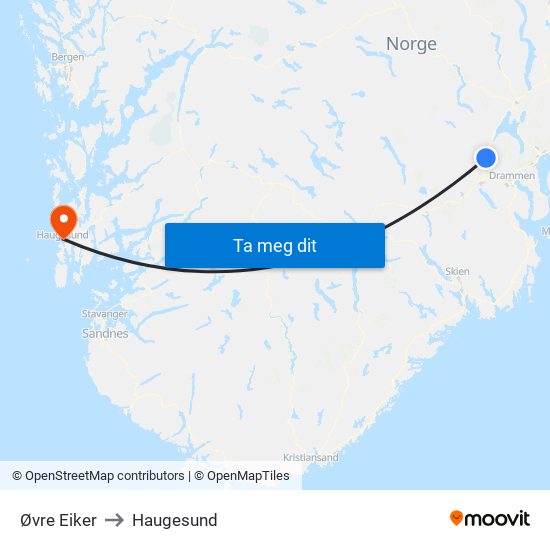 Øvre Eiker to Haugesund map