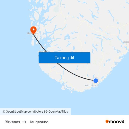 Birkenes to Haugesund map
