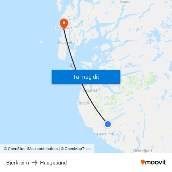 Bjerkreim to Haugesund map