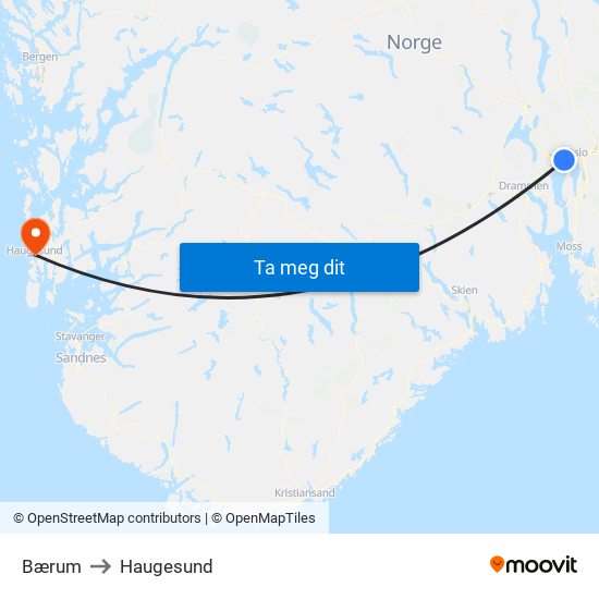 Bærum to Haugesund map