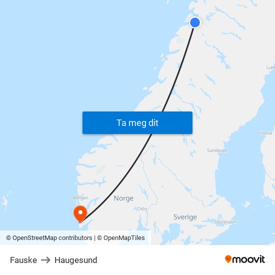 Fauske to Haugesund map